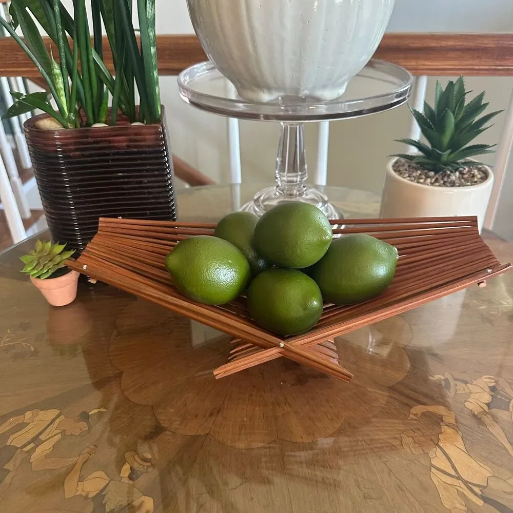Vintage Danish Wooden Folding Fruit Basket, MCM Scandinavian Kitchen Decor